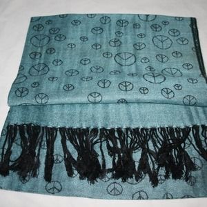 NWT Pashmina Silk Peace Sign Boho Scarf Shawl Wrap Teal Aqua Blue